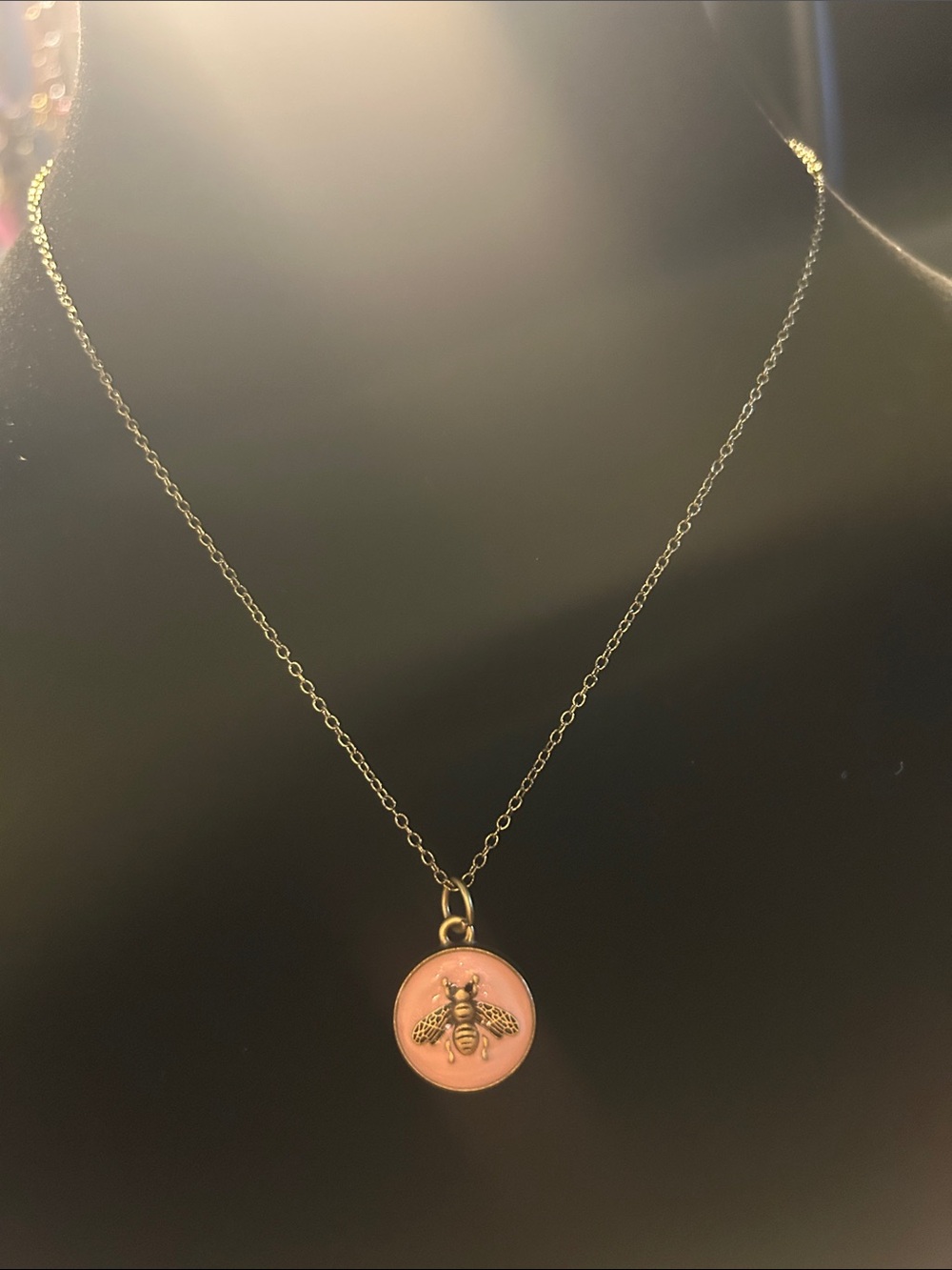 Gold Bee Pendant Necklace with Pink Enamel Disc